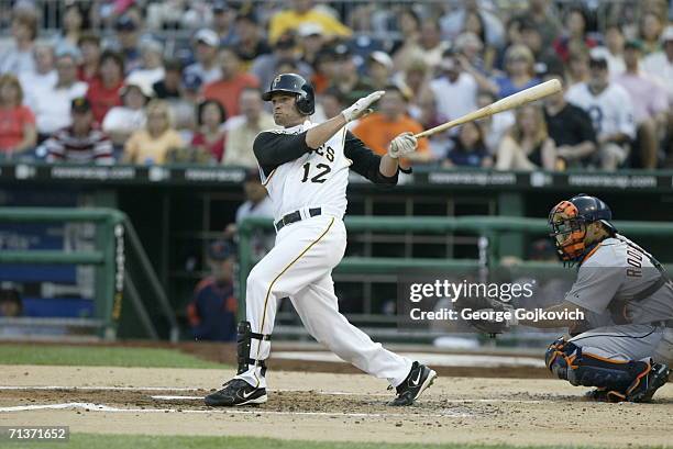 Third baseman Freddy Sanchez of the Pittsburgh Pirates bats against the Detroit Tigers at PNC Park on July 1, 2006 in Pittsburgh, Pennsylvania. The...