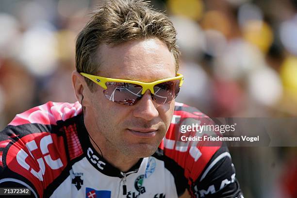 Jens Voigt of Germany and the CSC Team looks on before Stage 4 of the 93rd Tour de France between Huy and Saint-Quentin on July 5, 2006 in Huy,...