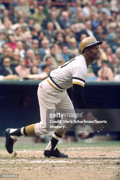 Outfielder Roberto Clemente of the Pittsburgh Pirates running to first base against the New York Mets at the Polo Grounds during a July 19, l962 game...