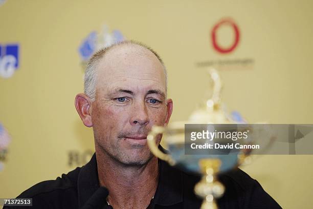 Ryder Cup Team Captain Tom Lehman looks at the Ryder Cup trophy during his press conference after the pro-am for the 2006 Smurfit Kappa European Open...