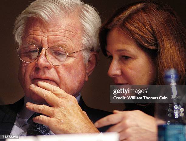 Senator Ted Kennedy speaks with a woman during a Senate Hearing on Illegal Immigration at the National Constitution Center July 5, 2006 in...