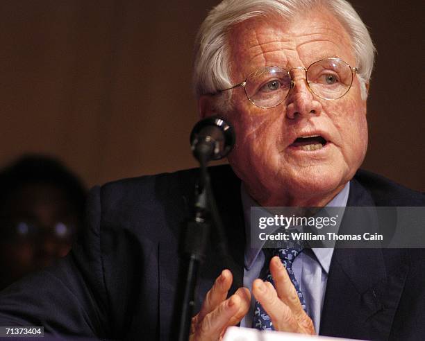 Senator Ted Kennedy speaks during a Senate Hearing on Illegal Immigration at the National Constitution Center July 5, 2006 in Philadelphia,...