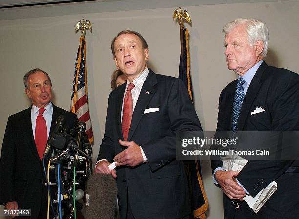 New York Mayor Michael Bloomberg, Senator Arlen Specter , and Senator Ted Kennedy speak with the media before the start of a Senate Hearing on...