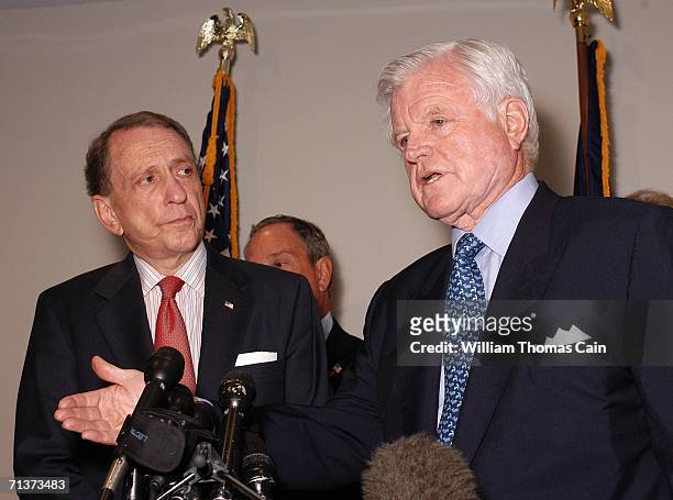 Senator Arlen Specter and Senator Ted Kennedy speak with the media before the start of a Senate Hearing on Illegal Immigration at the National...