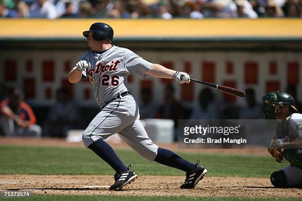 Chris Shelton of the Detroit Tigers bats during the game against the Oakland Athletics at the McAfee Coliseum in Oakland, California on July 4, 2006....