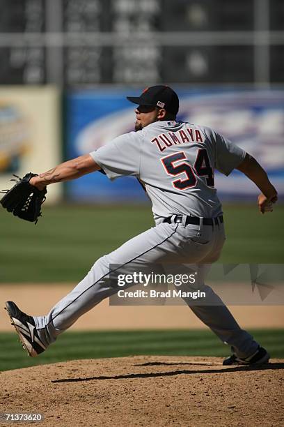 Joel Zumaya of the Detroit Tigers pitches during the game against the Oakland Athletics at the McAfee Coliseum in Oakland, California on July 4,...