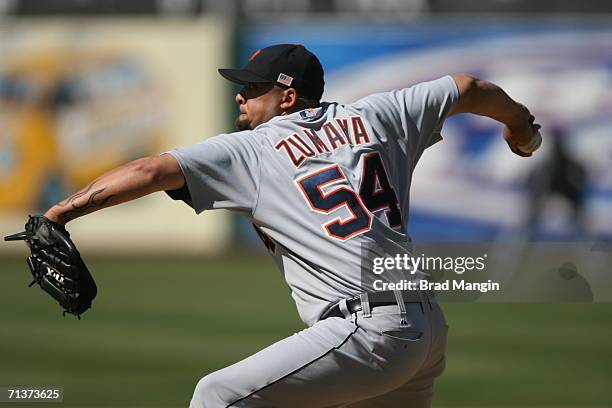 Joel Zumaya of the Detroit Tigers pitches during the game against the Oakland Athletics at the McAfee Coliseum in Oakland, California on July 4,...