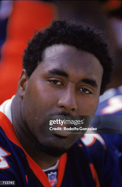 Close up of Trevor Pryce of the Denver Broncos as he looks on during the pre-season game against the Green Bay Packers at the Mile High Stadium in...