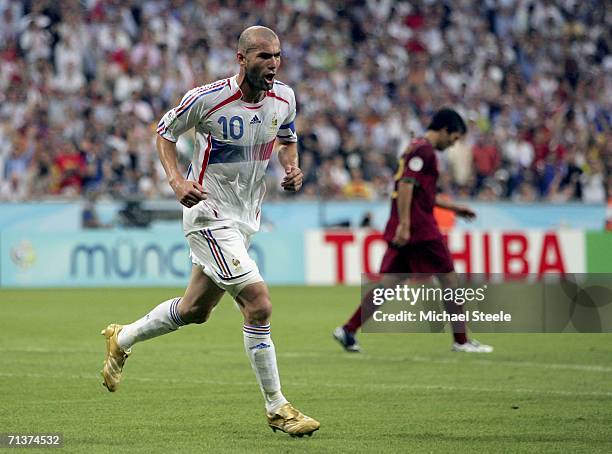 Zinedine Zidane of France celebrates after scoring the opening goal from the penalty spot during the FIFA World Cup Germany 2006 Semi-final match...