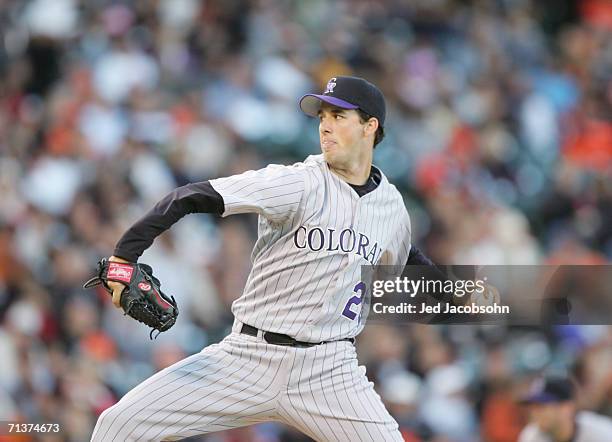 Pitcher Jeff Francis of the Colorado Rockies delivers a pitch against the San Francisco Giants during the MLB game at AT&T Park on May 26, 2006 in...