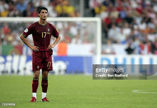 Dejected Cristiano Ronaldo of Portugal looks on during the closing stages of the FIFA World Cup Germany 2006 Semi-final match between Portugal and...