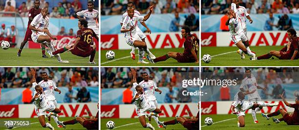 Combo of six pictures showing French forward Thierry Henry being fouled by Portuguese defender Ricardo Carvalho in the penalty area during the...