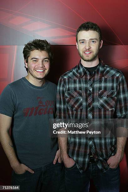Actor Emile Hirsch and singer Justin Timberlake appear on AOL Unscripted at the Meyer Gallery during the Sundance Film Festival January 24, 2006 in...