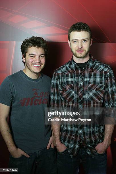 Actor Emile Hirsch and singer Justin Timberlake appear on AOL Unscripted at the Meyer Gallery during the Sundance Film Festival January 24, 2006 in...