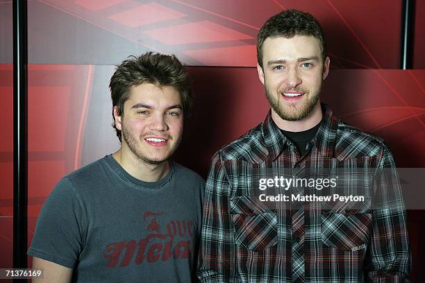 Actor Emile Hirsch and singer Justin Timberlake appear on AOL Unscripted at the Meyer Gallery during the Sundance Film Festival January 24, 2006 in...