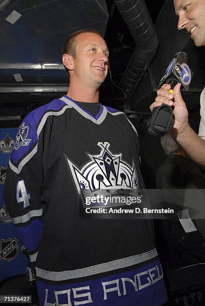 Veteran defenseman Rob Blake of the Los Angeles Kings talks with the local media after signing a two-year contract with the team on July 5, 2006 at...