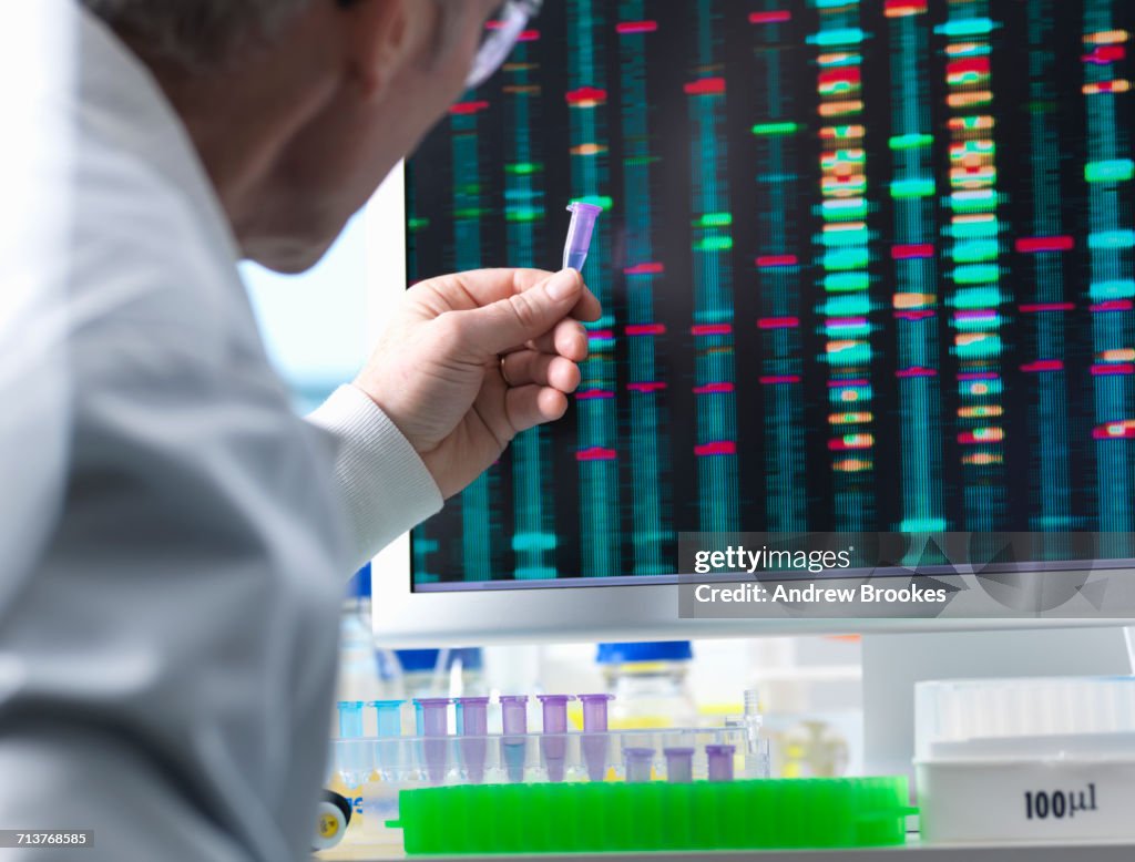 DNA Research, Scientist holding up a DNA sample with results on the computer screen