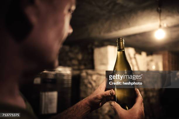 winemaker gazing at wine bottle in cellar - heshphoto - fotografias e filmes do acervo