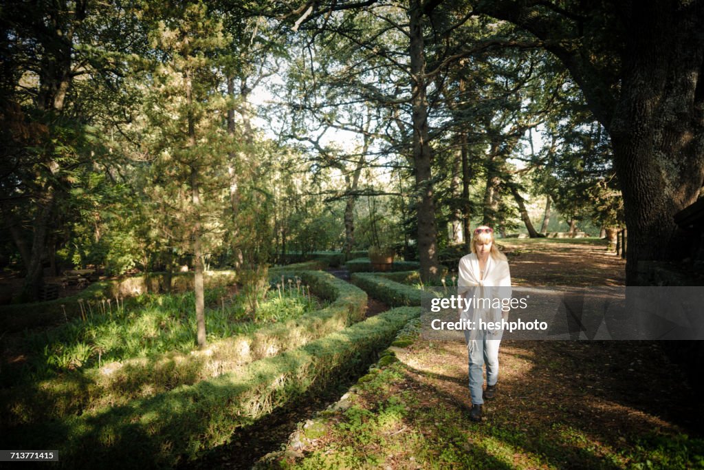 Woman strolling in vineyard woodland