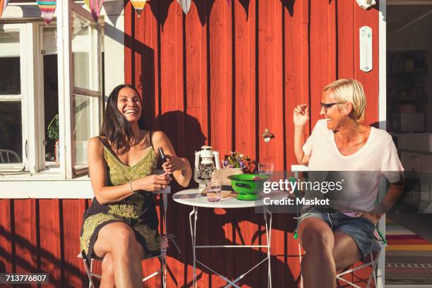 cheerful mature female friends enjoying summer in back yard on sunny day - stockholm summer stock-fotos und bilder