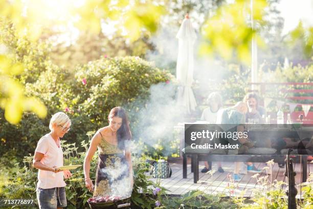 mature women barbecuing in back yard on sunny day - family barbeque garden stock pictures, royalty-free photos & images