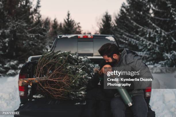 father and daughter on back of pick up truck with their christmas tree - christmas truck stock pictures, royalty-free photos & images