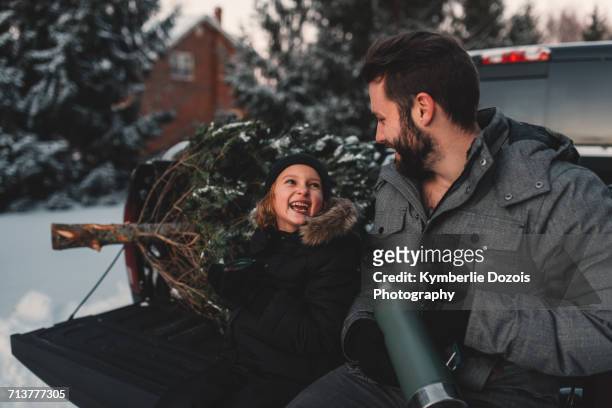 father and daughter on back of pick up truck with their christmas tree - christmas truck stock pictures, royalty-free photos & images