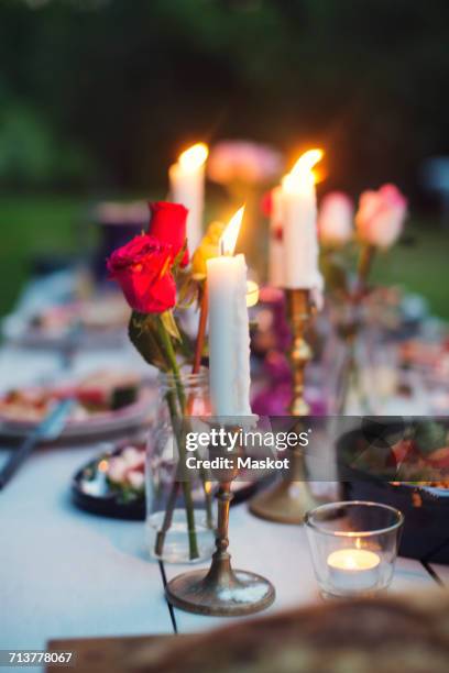 roses in vase and lit candles amidst food on table at garden party - burning rose stock pictures, royalty-free photos & images