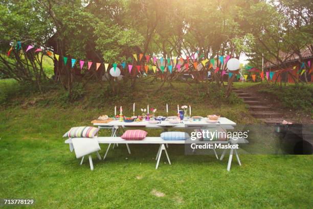 buntings hanging over food served on decorated picnic table at back yard - outdoor table stock-fotos und bilder