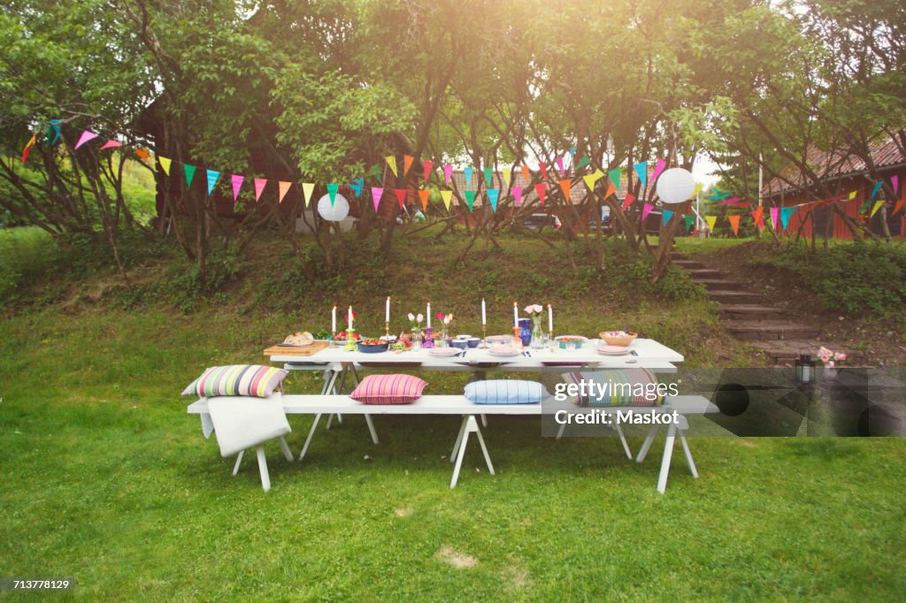 Buntings hanging over food served on decorated picnic table at back yard