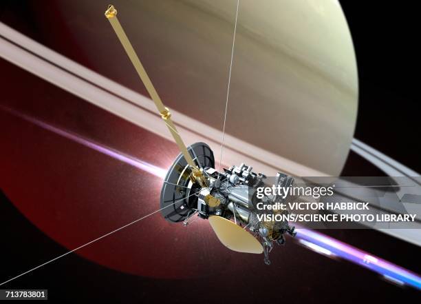 cassini and saturn - cassini spacecraft stock illustrations