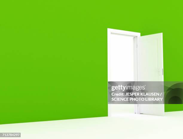 green wall with white open door - opening door stock illustrations