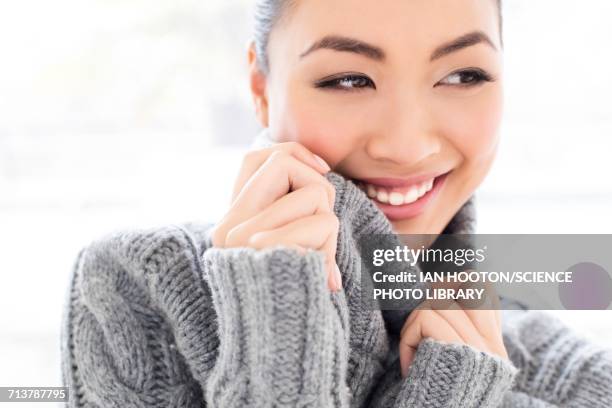 woman wearing grey knitted sweater - lana foto e immagini stock