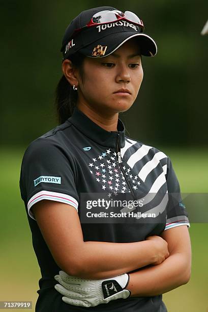 Ai Miyazato of Japan waits on the third tee during the first round of the HSBC Women's World Match Play Championship at Hamilton Farm Golf Club on...