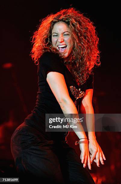 Singer Shakira performs on stage at the Campo De Futbol stadium on July 5, 2006 in Tenerife, Spain.