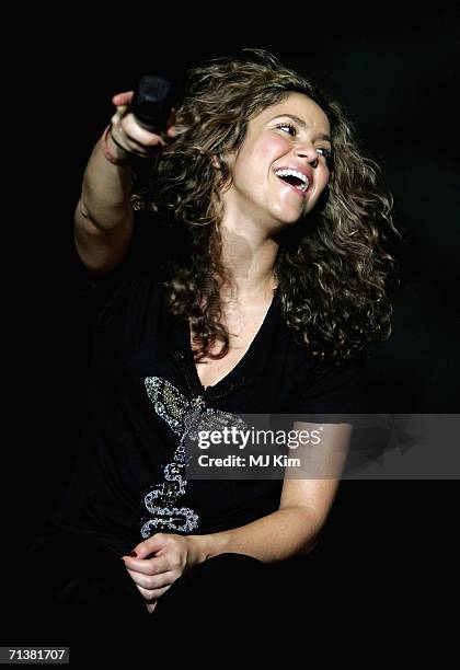 Singer Shakira performs on stage at the Campo De Futbol stadium on July 5, 2006 in Tenerife, Spain.