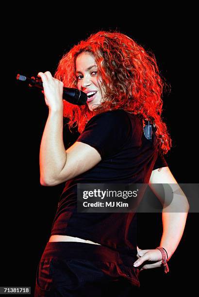 Singer Shakira performs on stage at the Campo De Futbol stadium on July 5, 2006 in Tenerife, Spain.