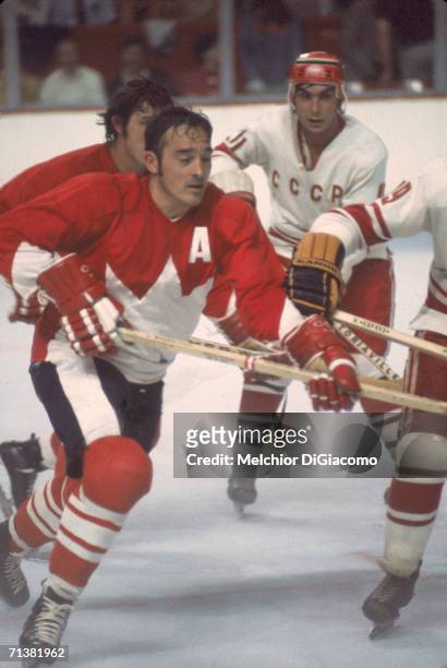 Frank Mahovlich of Canada skates on the ice during Game 1 of the 1972 Summit Series against the Soviet Union on September 2, 1972 at the Montreal...