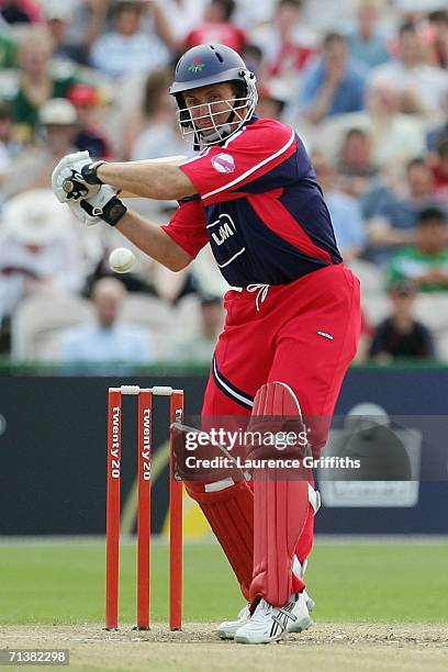 Dominic Cork of Lancashire hits out to the boundary during the Twenty20 Cup Match between Lancashire Lightning and Durham Dynamos at Old Trafford...