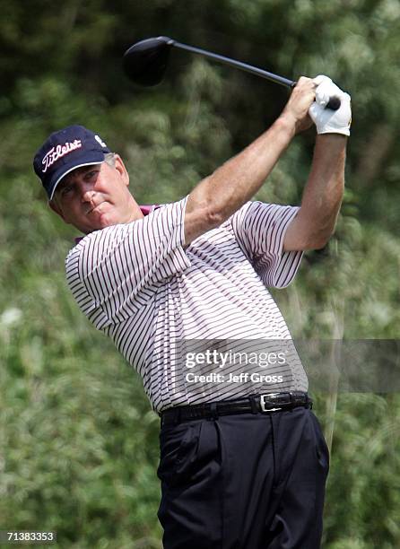 Jay Haas hits a tee shot on the thirteenth hole during the first round of the U.S. Senior Open at the Prairie Dunes Country Club, on July 6, 2006 in...