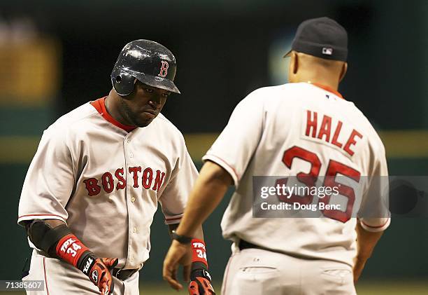 David Ortiz of the Boston Red Sox is congratulated on his grand slam home run by third base coach DeMarlo Hale in the 9th inning against the Tampa...