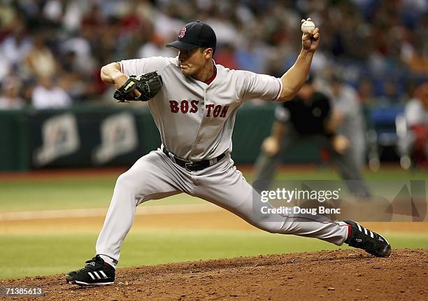 Relief pitcher Javier Lopez of the Boston Red Sox pitches against the Tampa Bay Devil Rays at Tropicana Field on July 6, 2006 in St. Petersburg,...