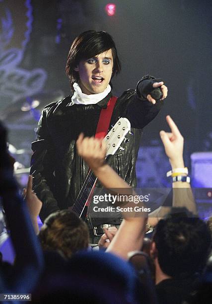 Actor Jared Leto performs with his band 30 Seconds To Mars during a taping of MTV2's "All That Rocks" at CBGB's on July 6, 2006 in New York City.