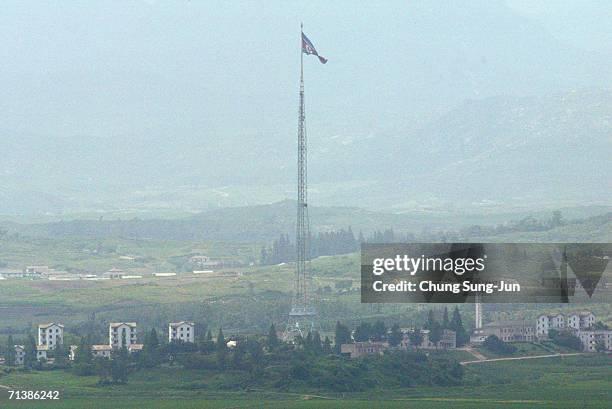 North Korean village is seen near the demilitarized zone separating North Korea from South Korea on July 7, 2006 in South Korea. North Korea has...