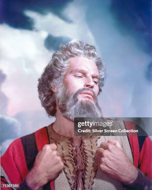 American actor Charlton Heston as Moses in the biblical epic 'The Ten Commandments', directed by Cecil B. DeMille for Paramount, 1956.