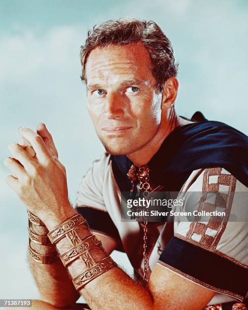 American actor Charlton Heston stars as Judah Ben-Hur, a rich Jew adopted by a Roman in the classic film 'Ben-Hur', directed by William Wyler for...