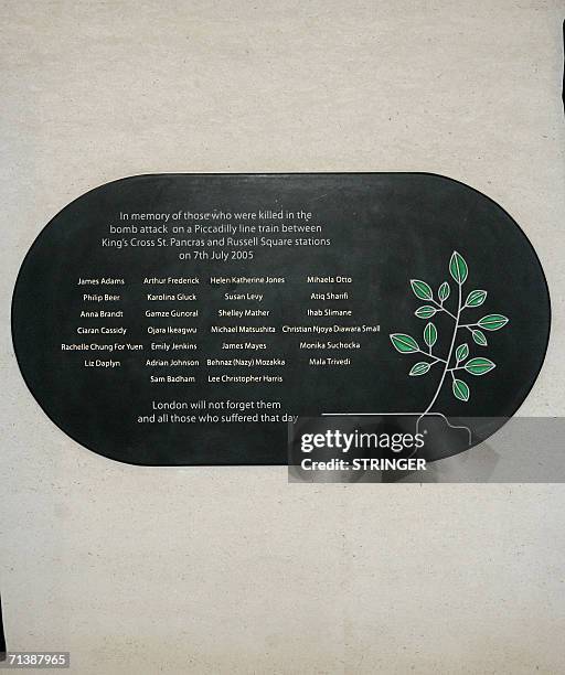 London, UNITED KINGDOM: Picture dated 07 July 2006 shows King's Cross station memorial plaque, which names all the commuters who lost their lives at...