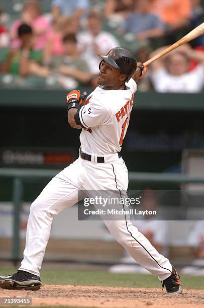 Corey Patterson of the Baltimore Orioles takes a swing during a baseball game against the Washington Nationals on June 25, 2006 at Camden Yards in...