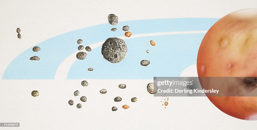 Large asteroids in the 'main belt' orbiting planet Mars, front view.