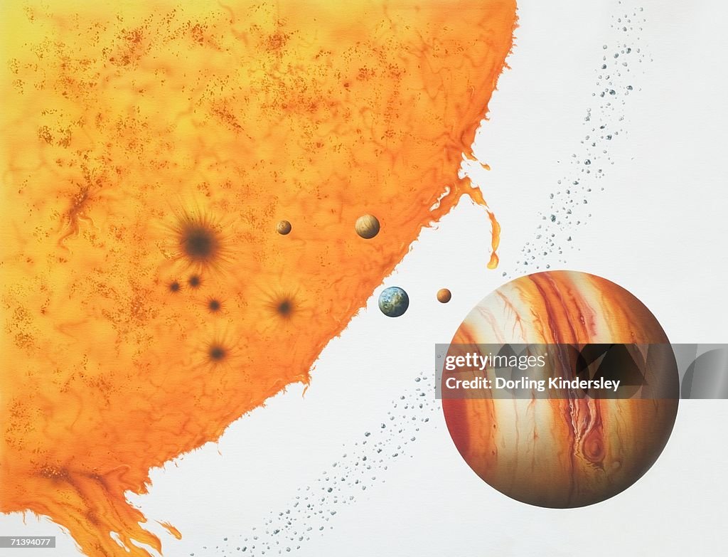 Surface of the sun with an arch of fire, next to the planets Jupiter, Mars, Earth, Venus, Mercury and an Asteroid belt.